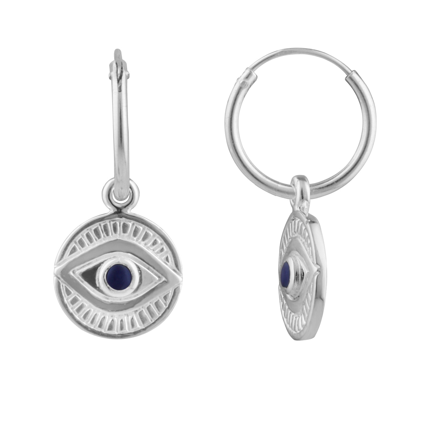 Sterling Silver Evil Eye Lapis 12mm Charm Hoop Earrings