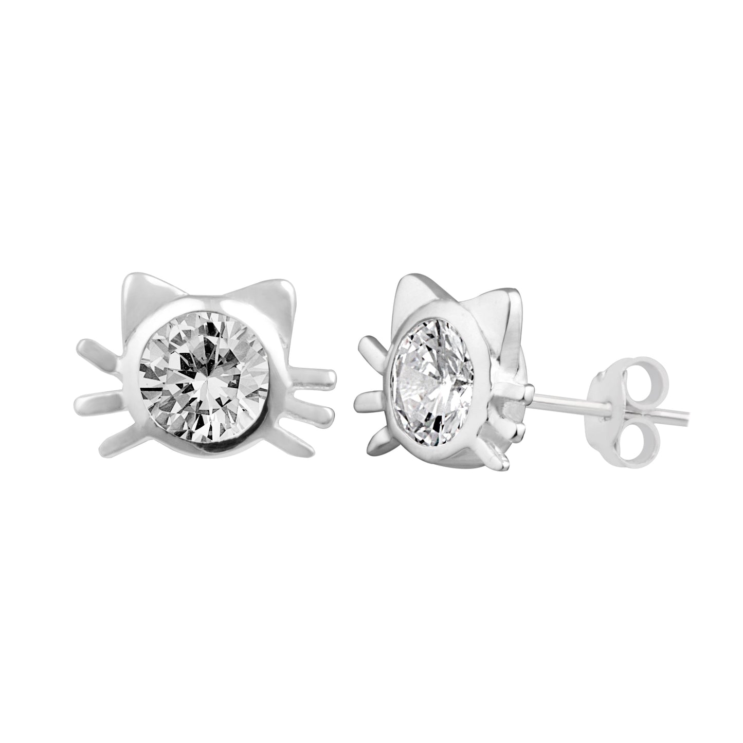 Sterling Silver Clear CZ Cat Head Stud Earrings