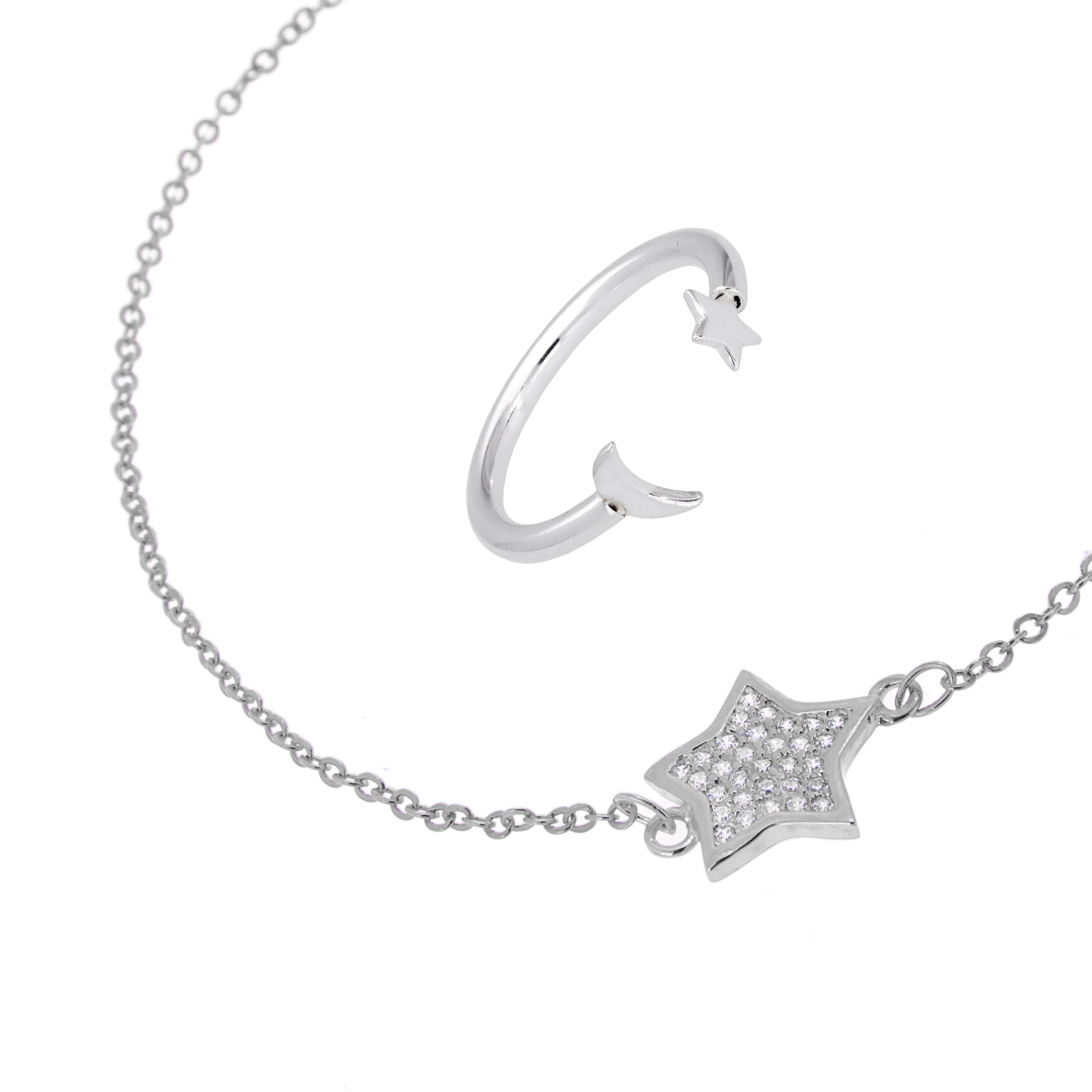Sterlingsilber Mond & Stern Armband & Verstellbar Ring Satz