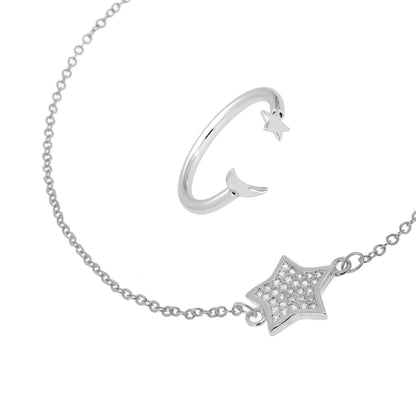 Sterlingsilber Mond & Stern Armband & Verstellbar Ring Satz