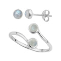 Sterlingsilber Mondstein Ohrstecker & Verstellbar Ring