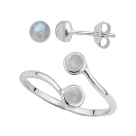 Set aus Ohrsteckern und verstellbarem Ring aus Sterlingsilber mit Mondstein