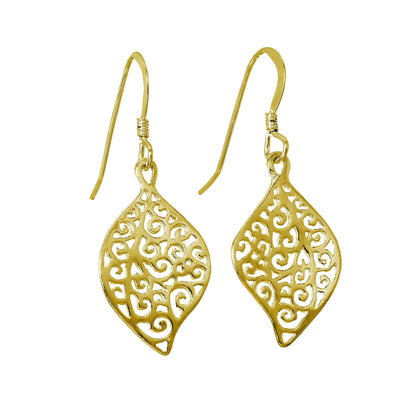 Gold Plated Sterling Silver Filigree Leaf Dangle Earrings