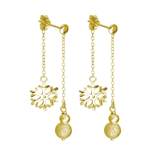 Gold Plated Sterling Silver Doublesided Frosted Ball & Snowflake Stud Earrings - jewellerybox
