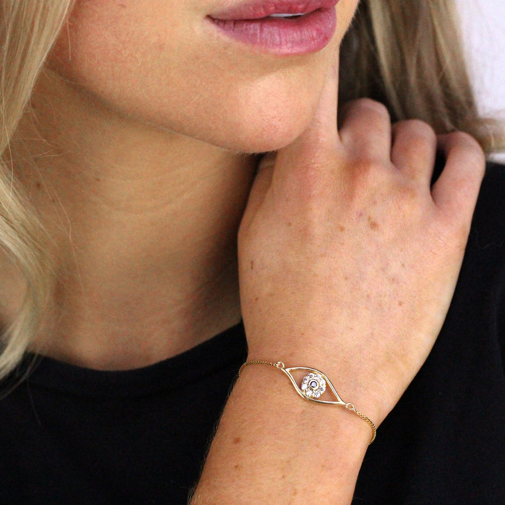 Verstellbares Armband aus vergoldetem Sterlingsilber mit Bösem Blick und Zirkonia