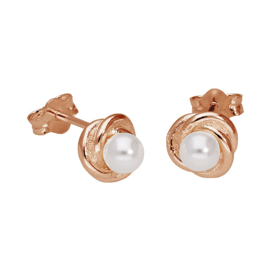 Rose Gold Plated Sterling Silver Knot Pearl Stud Earrings