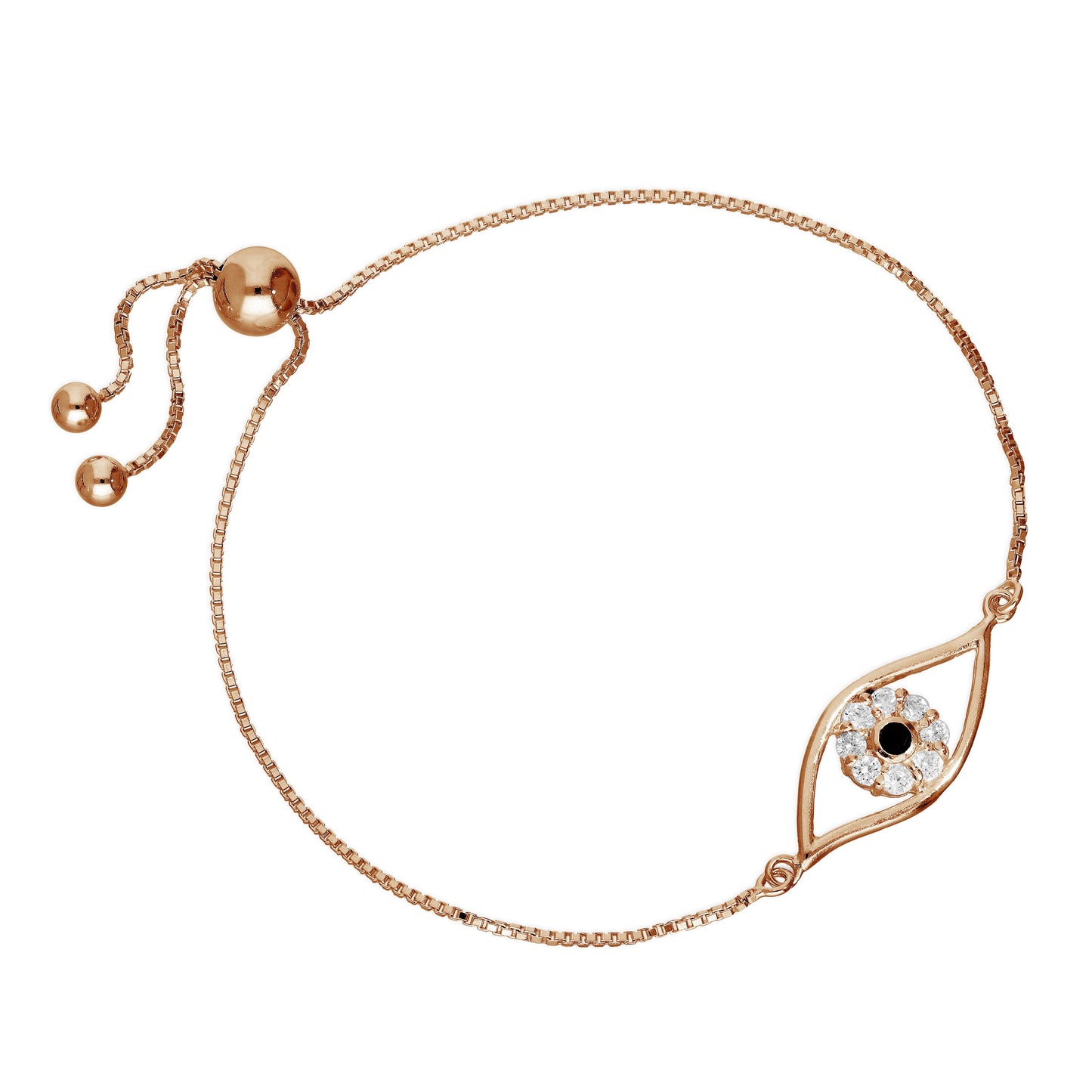 Rose Gold Plated Sterling Silver CZ Evil Eye Adjustable Bracelet