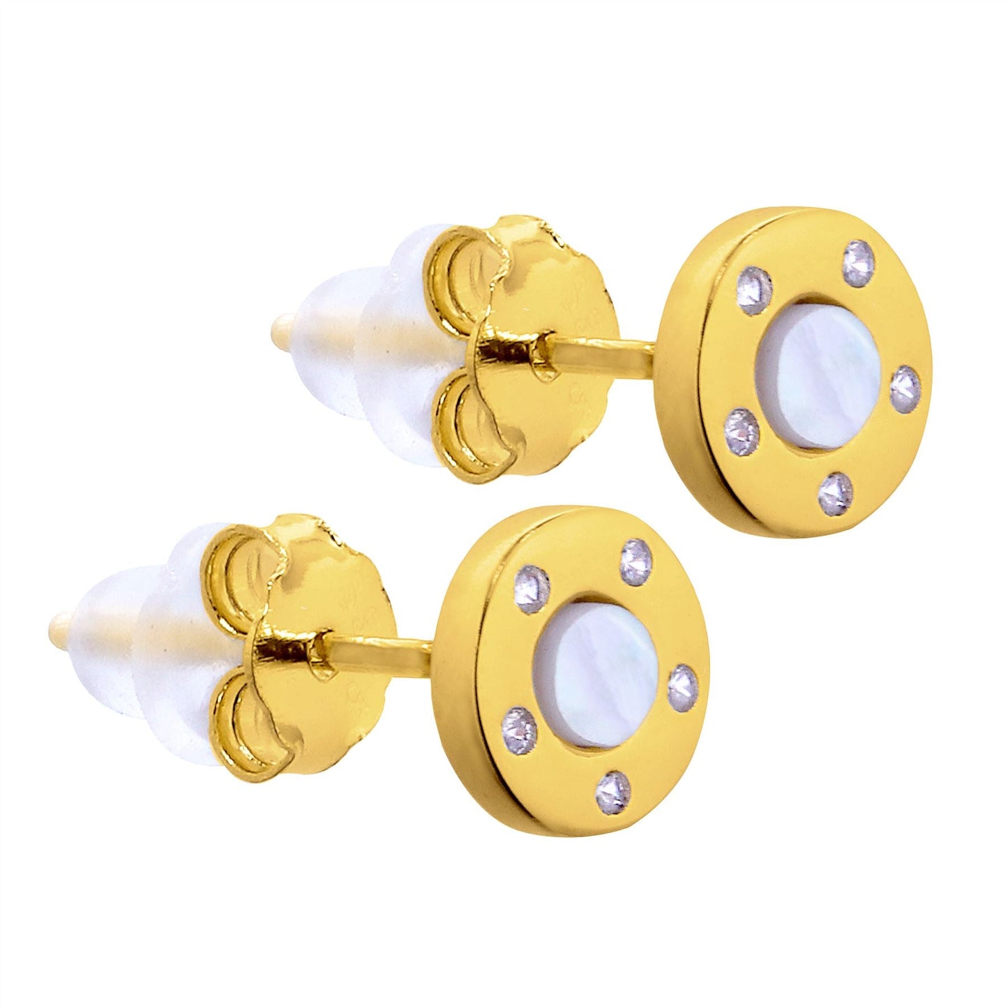 Gold Plated Sterling Silver Round Mother of Pearl & CZ Stud Earrings