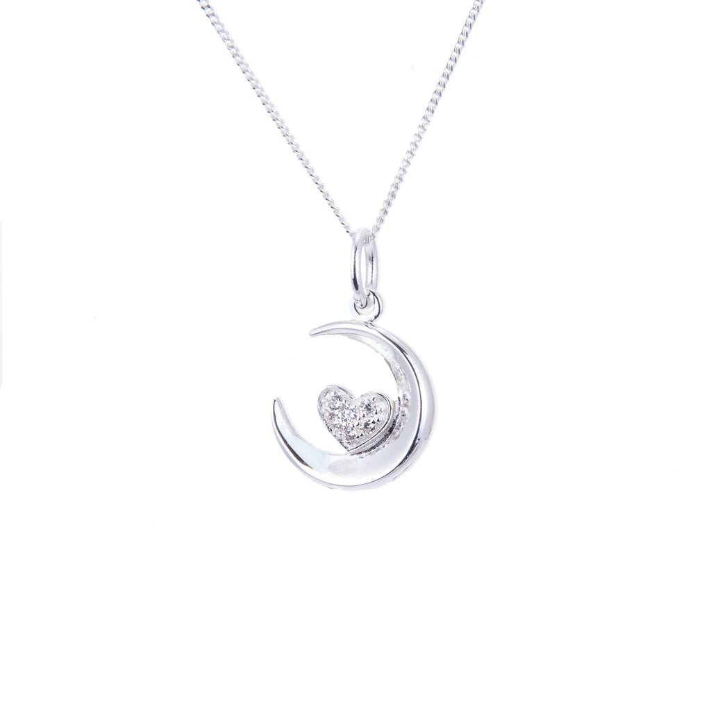 Halskette aus Sterlingsilber mit Mondsichel und Herz, 14–32 Zoll