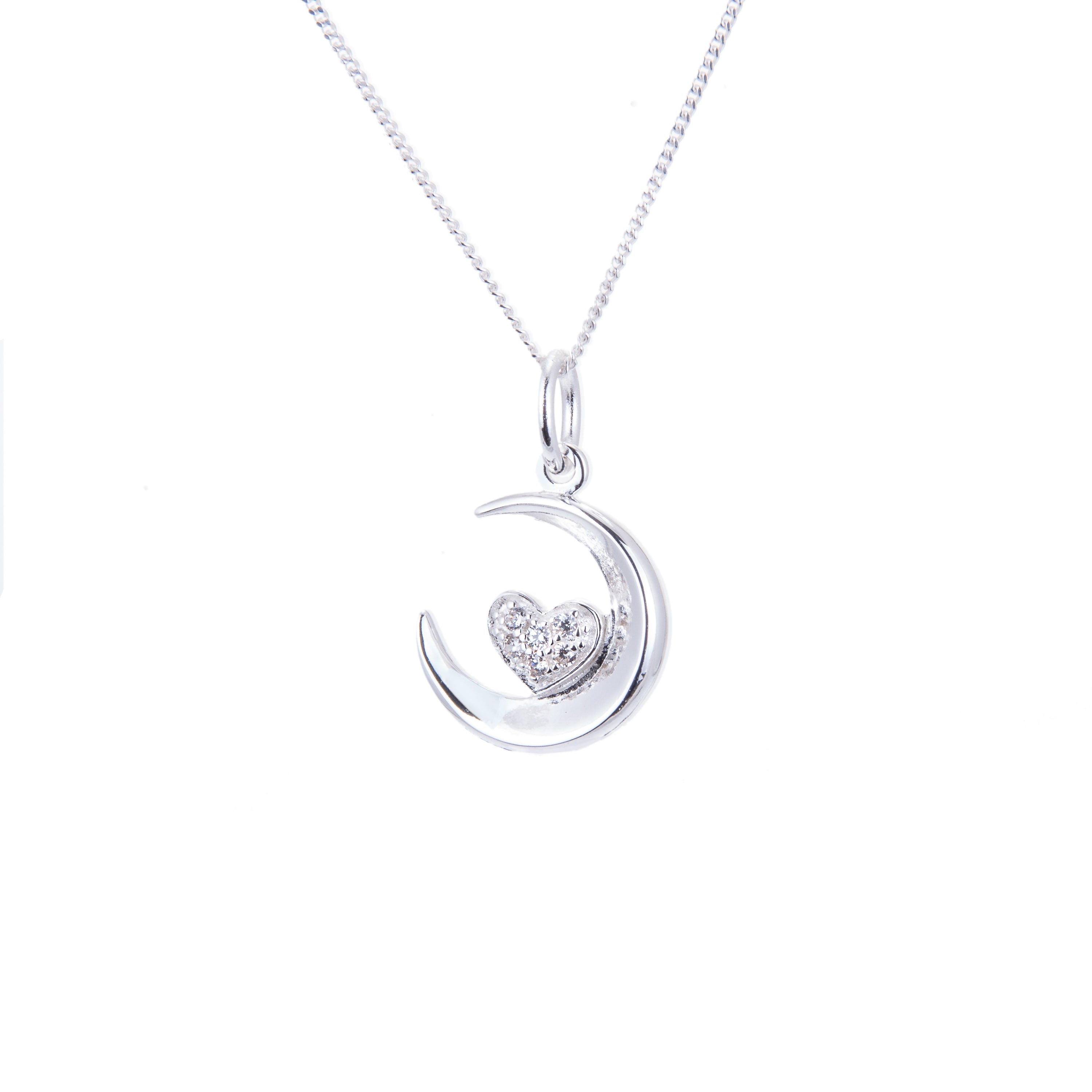Halskette aus Sterlingsilber mit Mondsichel und Herz, 14–32 Zoll