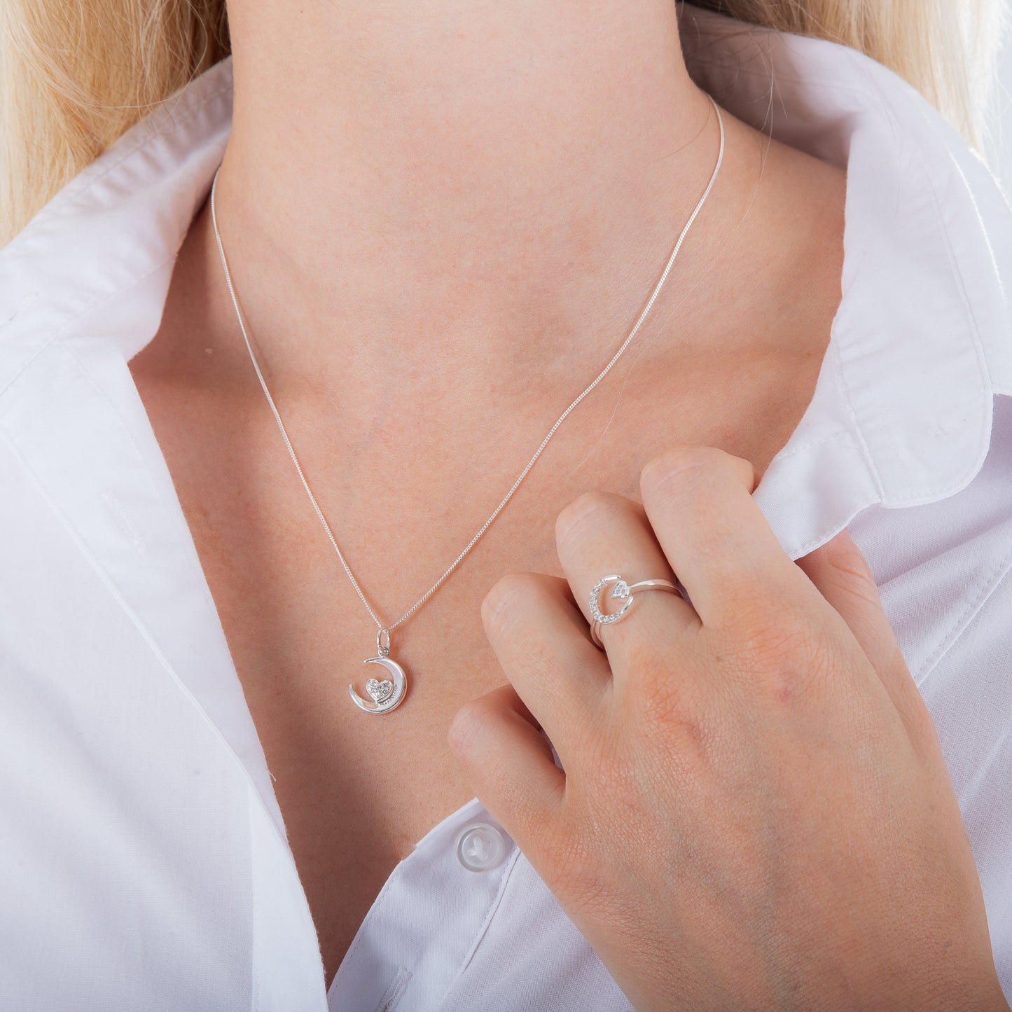 Halskette aus Sterlingsilber mit Mondsichel und Herz, 14–32 Zoll