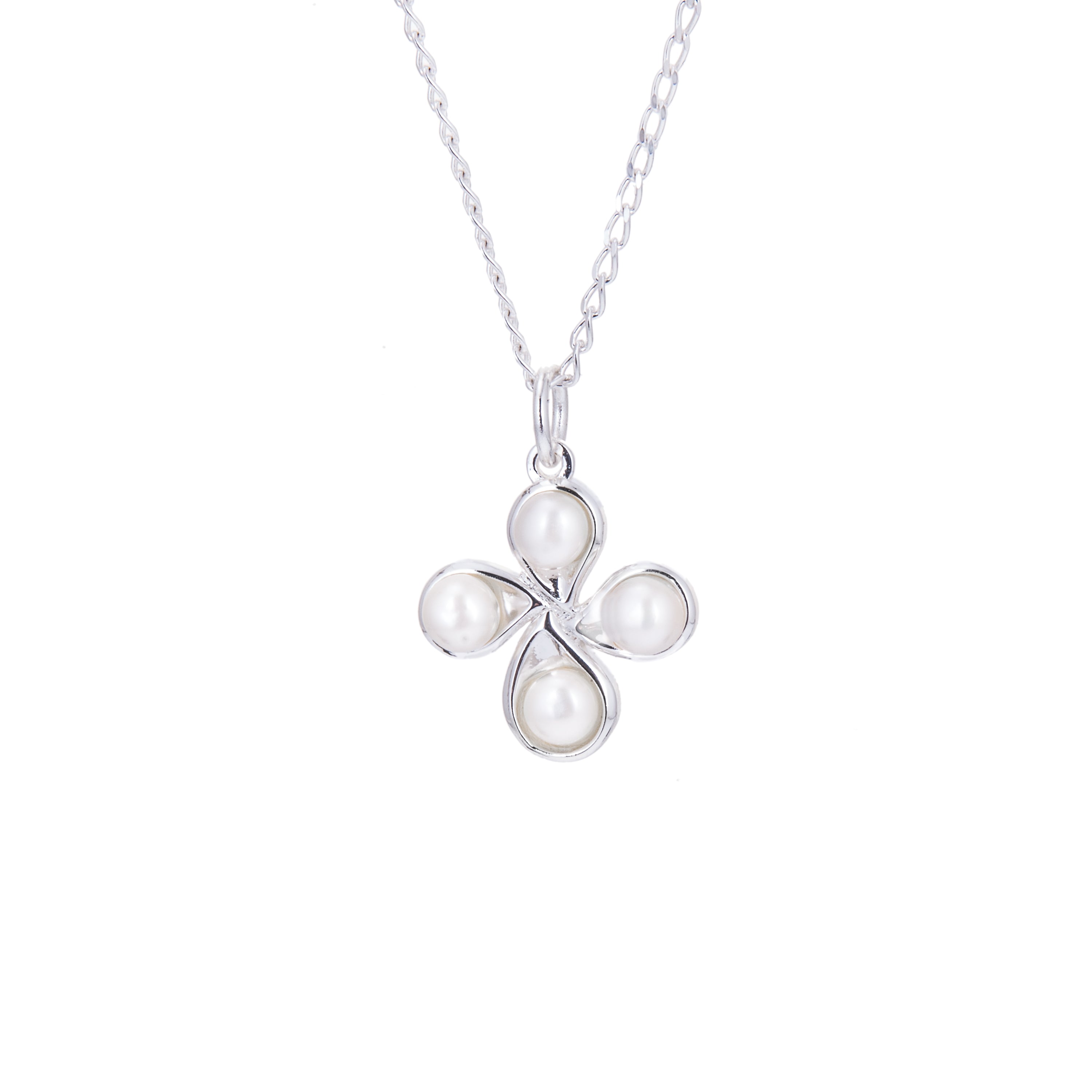 Halskette aus Sterlingsilber mit vierblättrigem Kleeblatt und Perle 14–22 Zoll