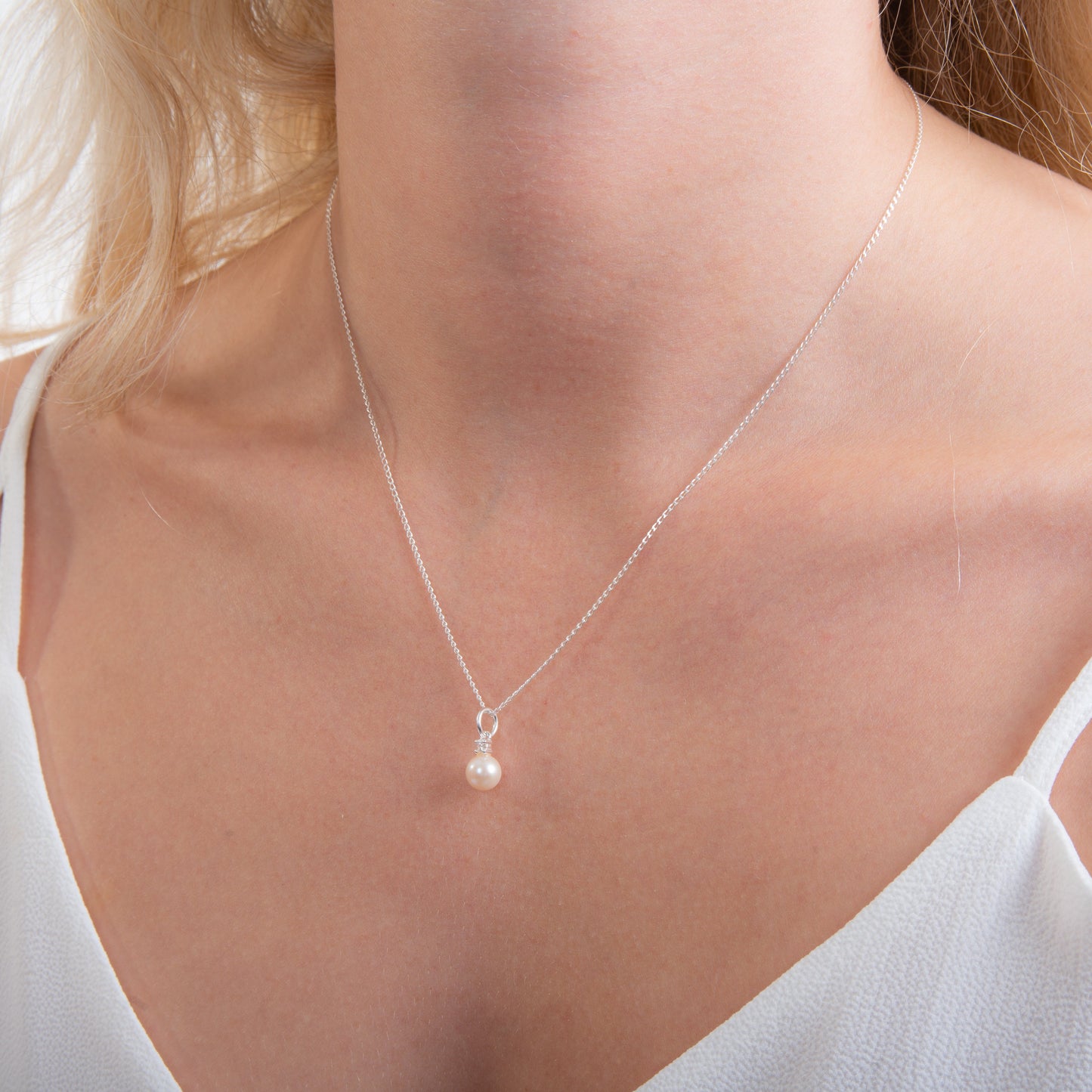 Halskette aus Sterlingsilber mit Zirkonia und 6,5 mm Perlen, 14–22 Zoll