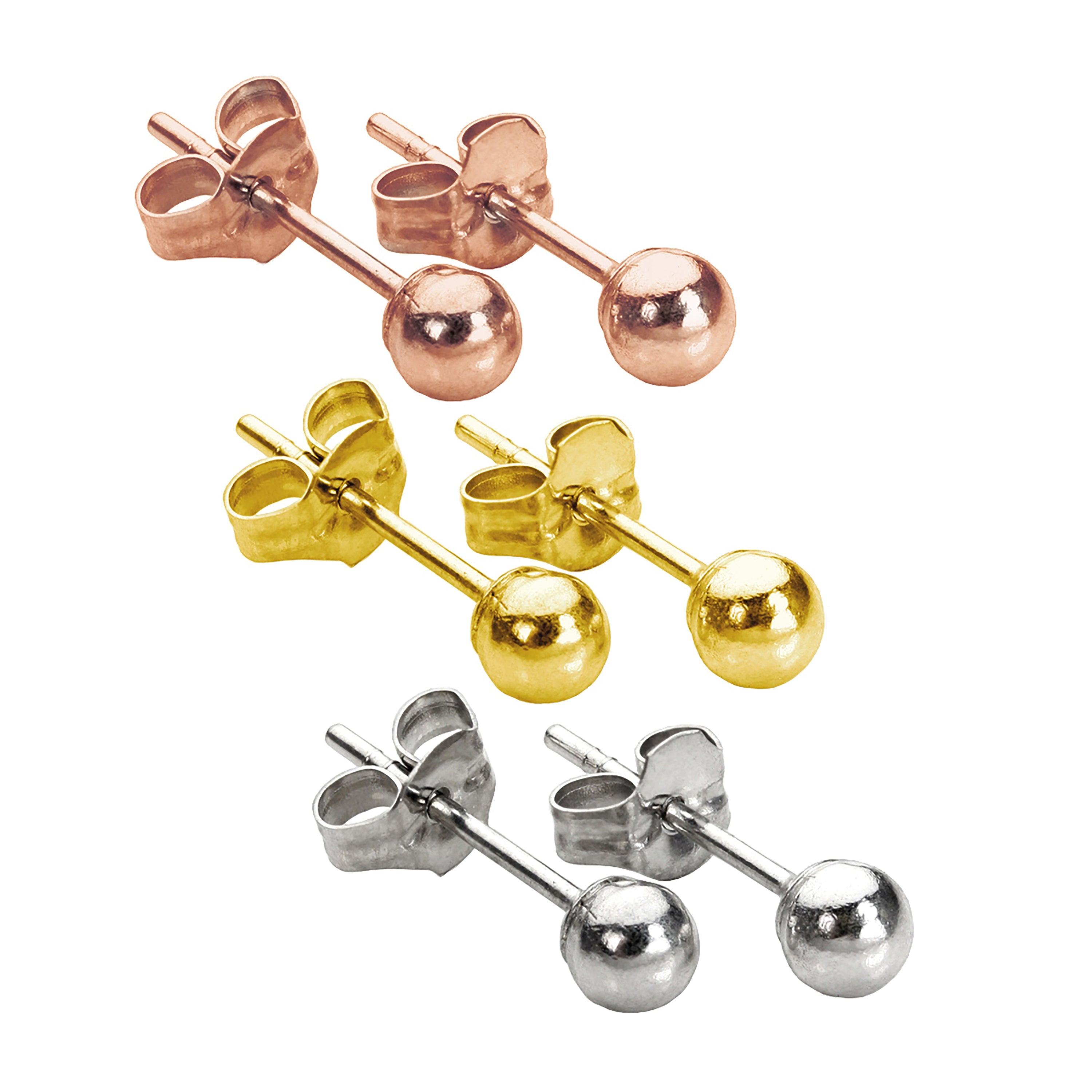 Dreifach Gemischt 9 Karat Gelb - , Rosé - & Weiß Gold Satz 3 mm Kugel Ohrstecker Satz
