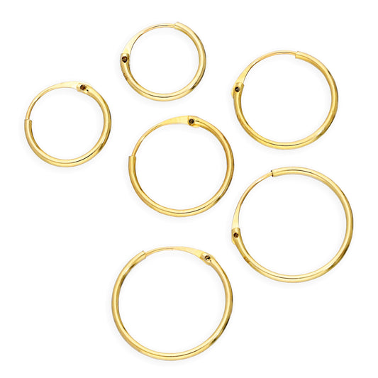 Dreifach 9 Karat Gold 0,8mm 8 10 & 12mm Rohr Creolen Ohrringe Satz