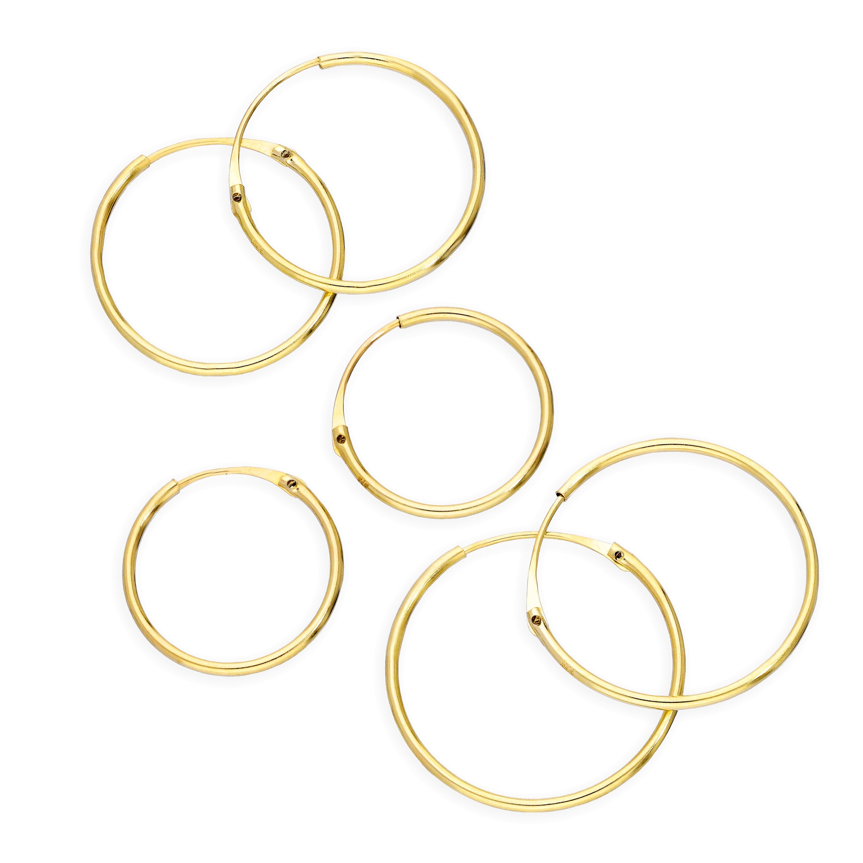 Dreifach 9 Karat Gold 0,8 mm 12 14 & 16 mm Rohr Creolen Ohrringe Satz