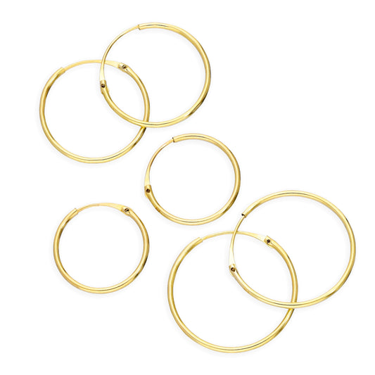 Dreifach 9 Karat Gold 0,8mm 12 14 & 16mm Rohr Creolen Ohrringe Satz