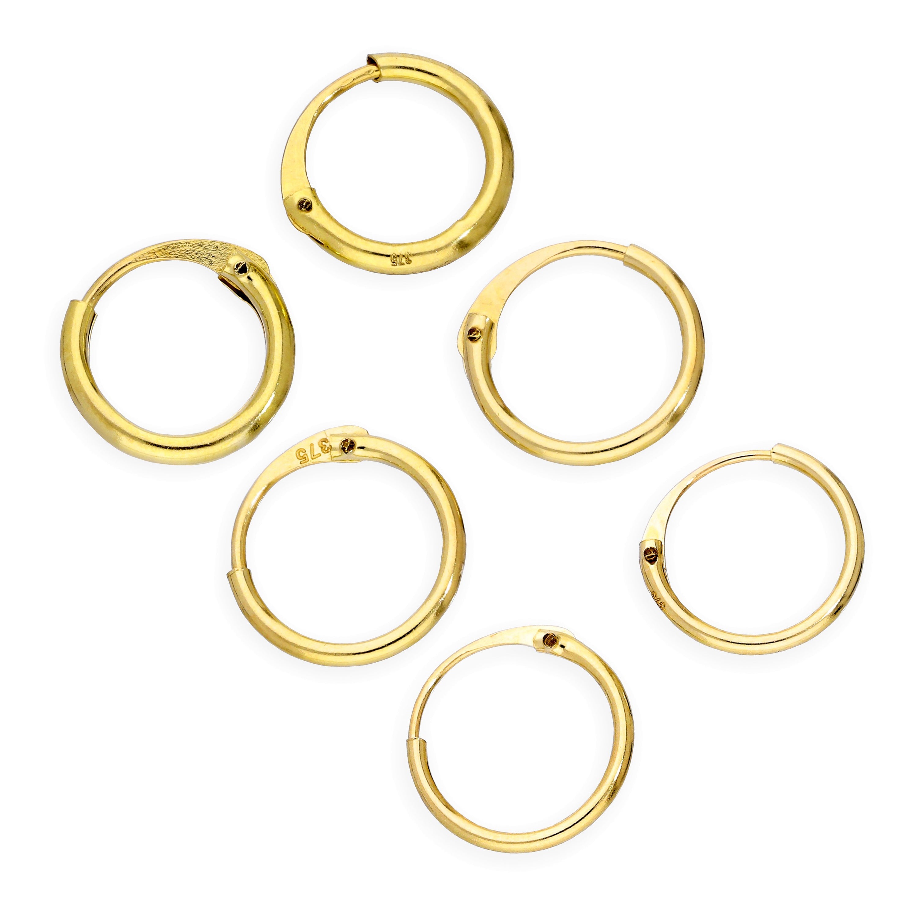 Dreifach 9 Karat Gold 0,8 mm 1 mm & 1,2 mm Rohr 8 mm Creolen Ohrringe Satz