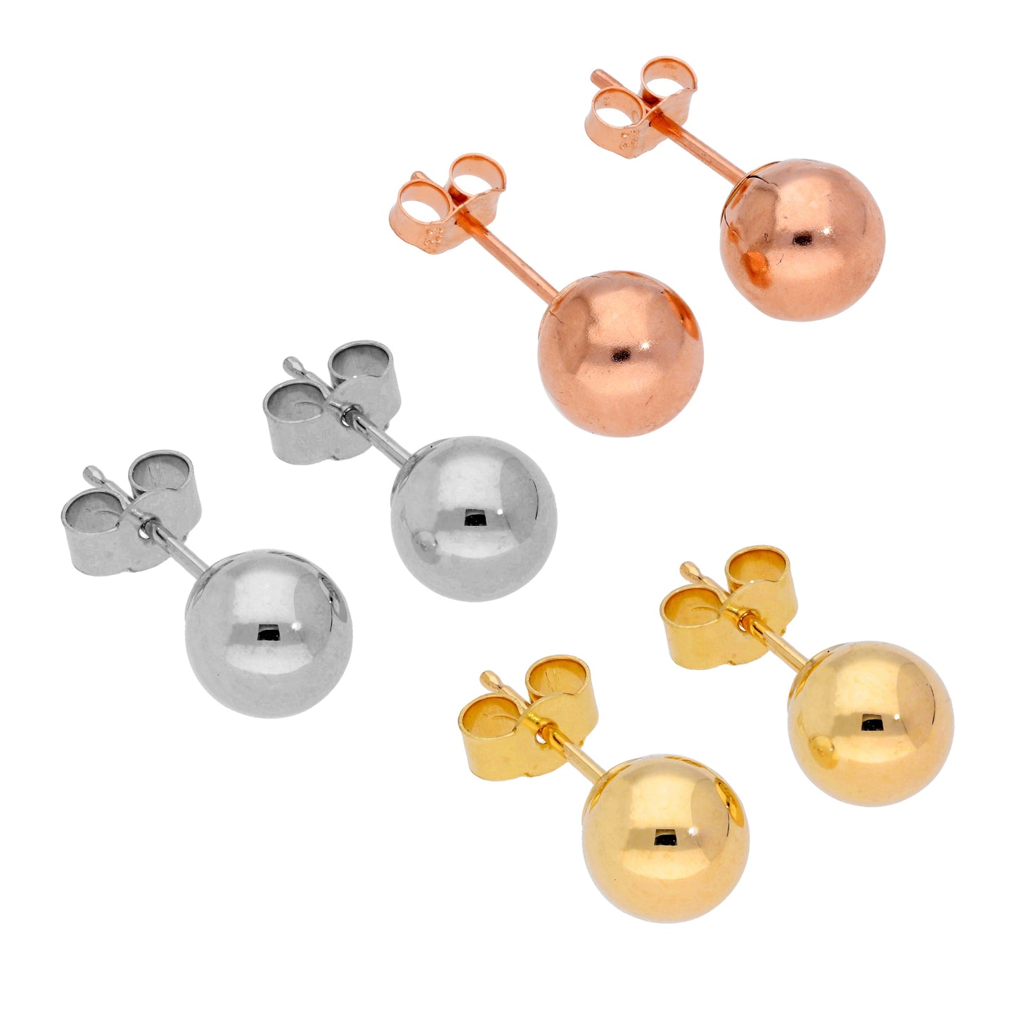 Dreifach 9 Karat Misch - , Gelb - , Rosé - und Weißgold 6mm Kugel Ohrstecker Satz