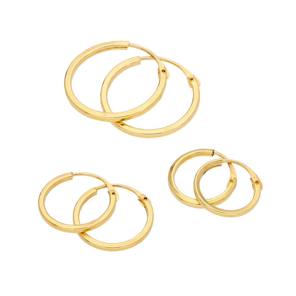 Dreifach 9 Karat Gold 1 mm Quadratisch 10 12 14 mm Creolen Ohrringe Satz