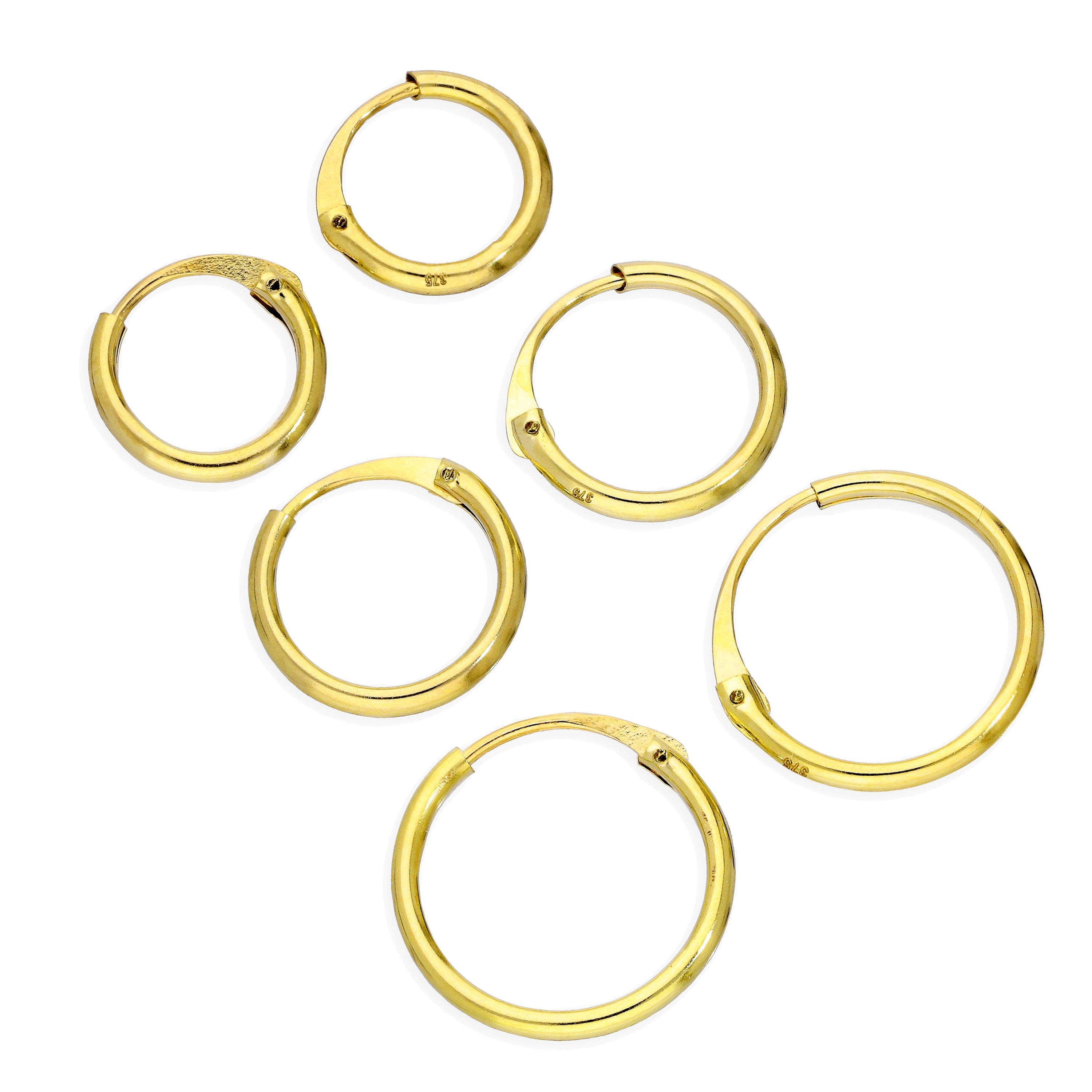 Dreifach 9 Karat Gold 1,2 mm Rohr Schläfer 8 10 12 mm Creolen Ohrringe Satz
