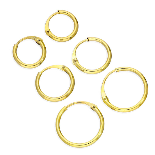 Dreifach 9 Karat Gold 1,2mm Rohr Schläfer 8 10 12mm Creolen Ohrringe Satz