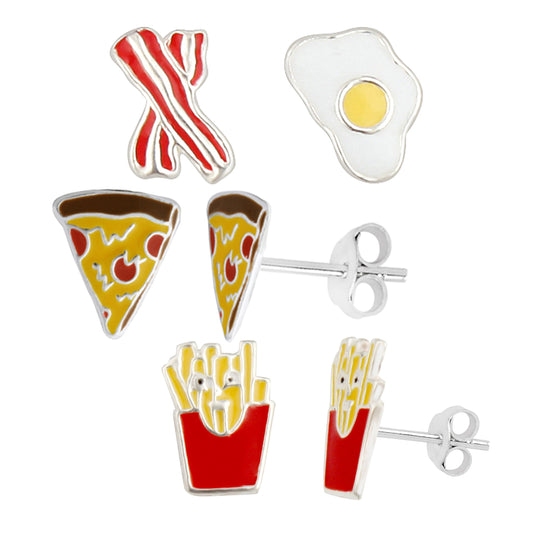 Sterling Silver Kids Fast Food Stud Earrings - 3 Pack