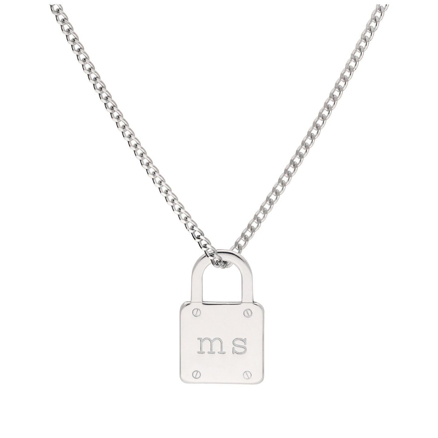 Maßgefertigte Halskette aus Sterlingsilber mit Initialen und Vorhängeschloss 16–28 Zoll