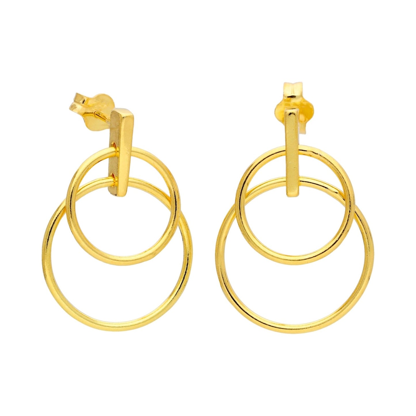 Gold Plated Sterling Silver Double Circle Stud Drop Earrings - jewellerybox