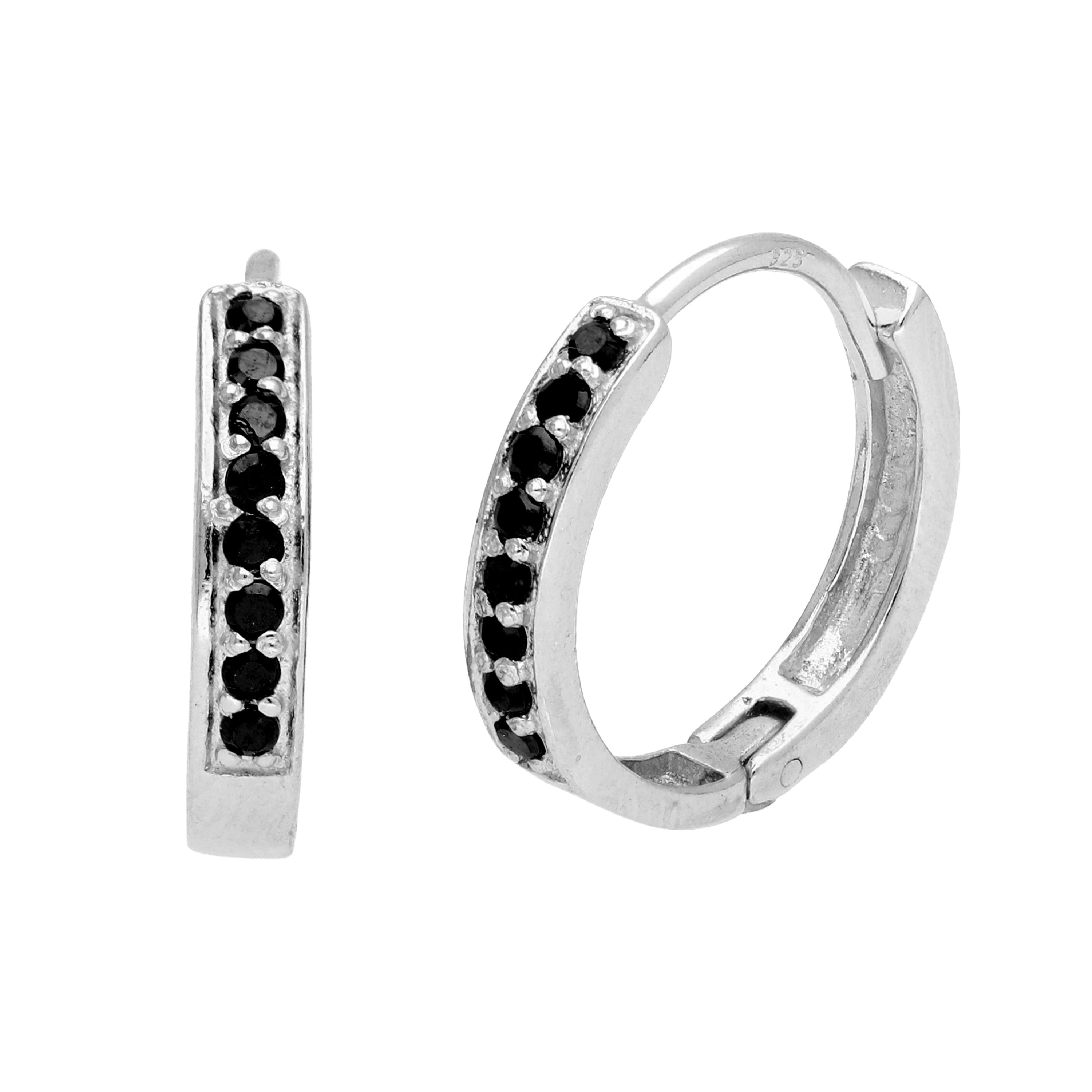 Sterlingsilber Schwarz CZ Pavé Fassung 15 mm Klappcreolen Ohrringe