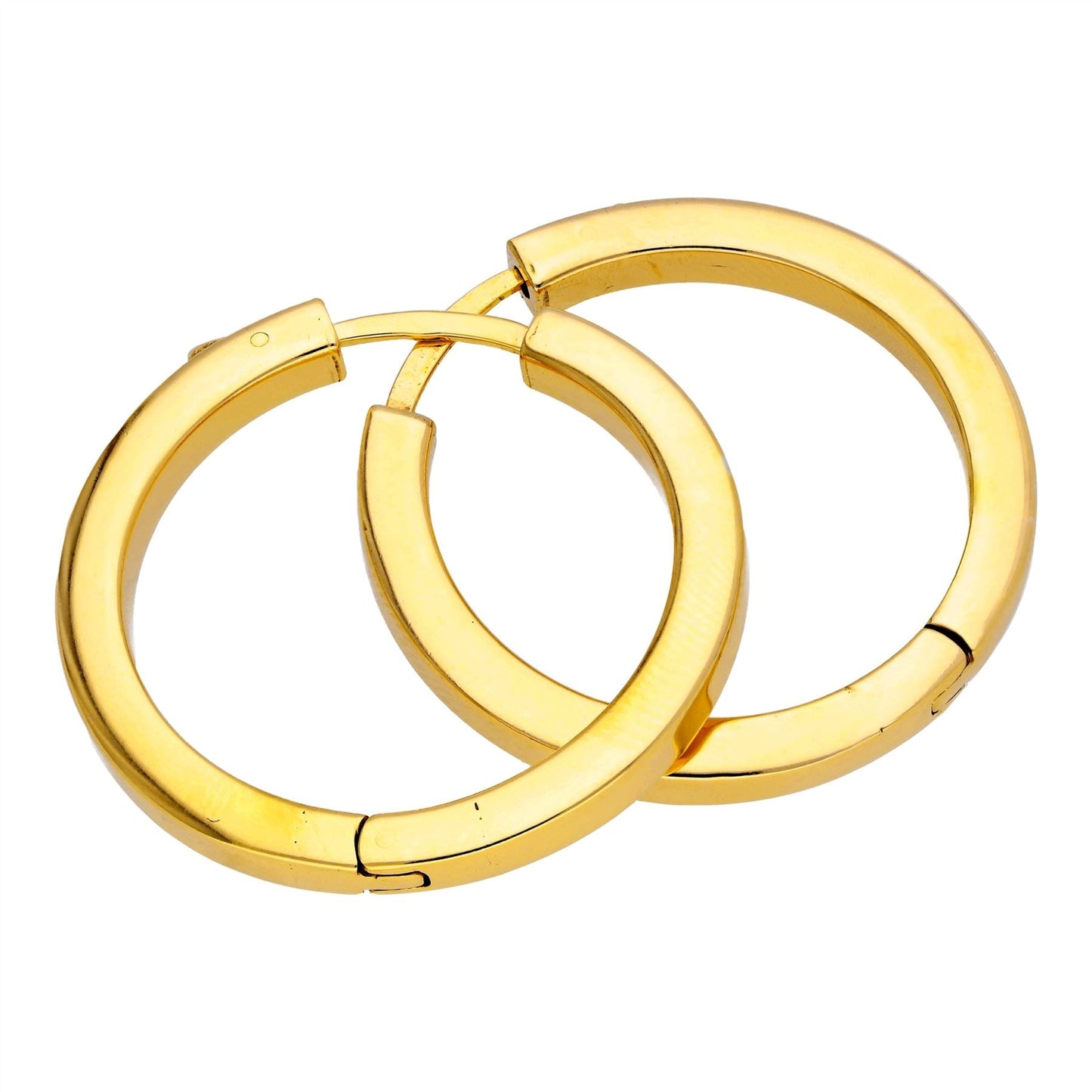 Gold Plated Sterling Silver Square Tube Push Button 30mm Hoop Earrings