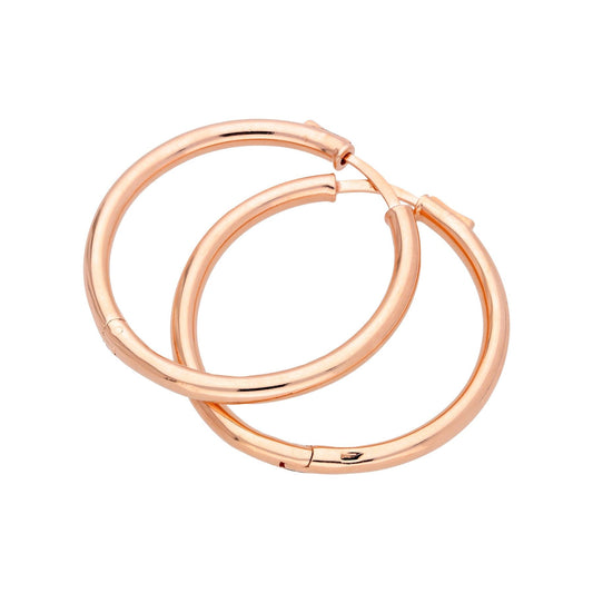 Rose Gold Plated Sterling Silver Round Tube Push Button 35mm Hoop Earrings