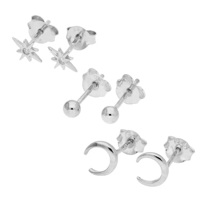 Dreifach Sterlingsilber Mond Stern Ohrstecker - Satz