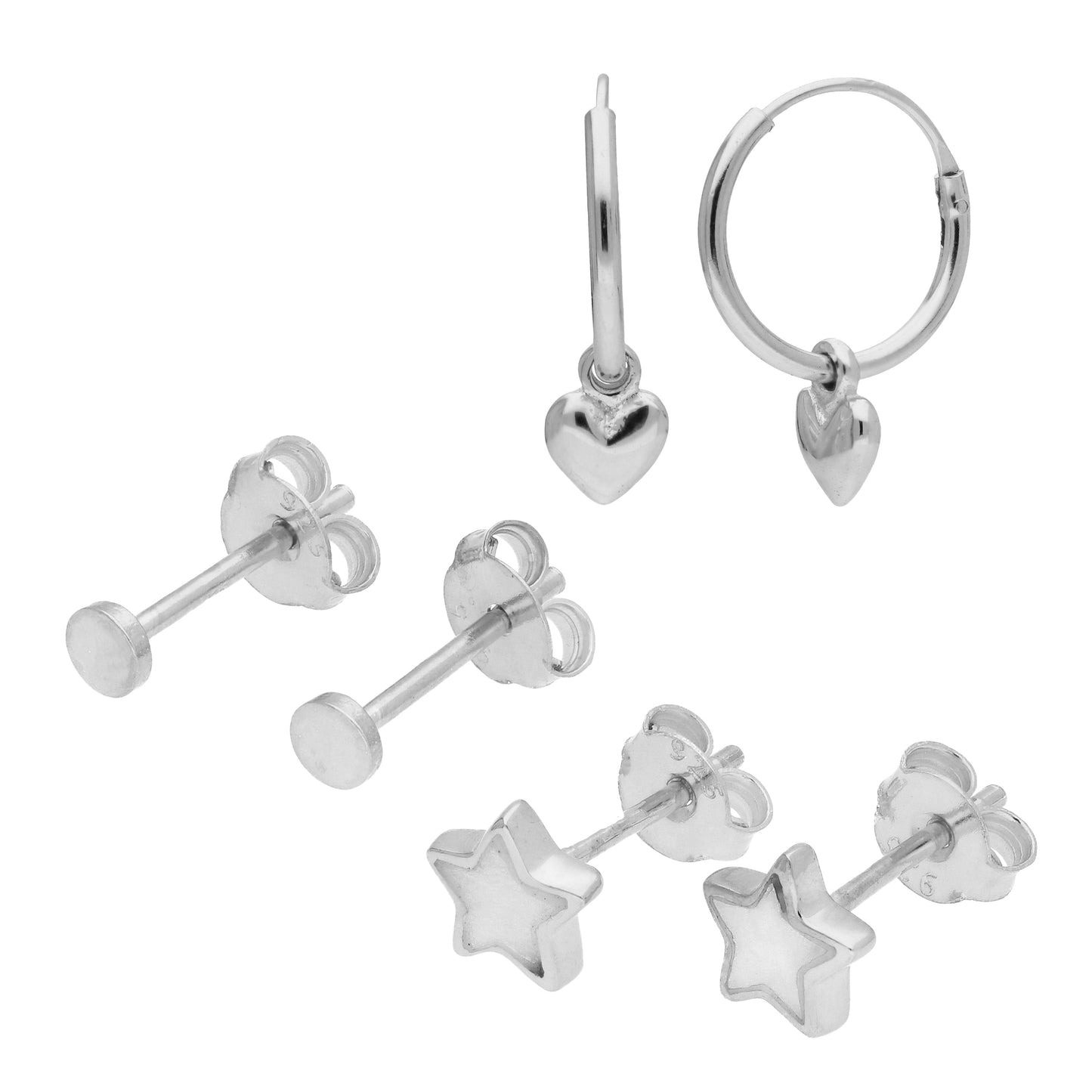 Dreifach Sterlingsilber Stern Herz Ohrstecker & Creolen Ohrringe Satz