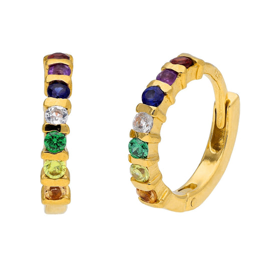 Gold Plated Sterling Silver Rainbow CZ 15mm Hoop Earrings