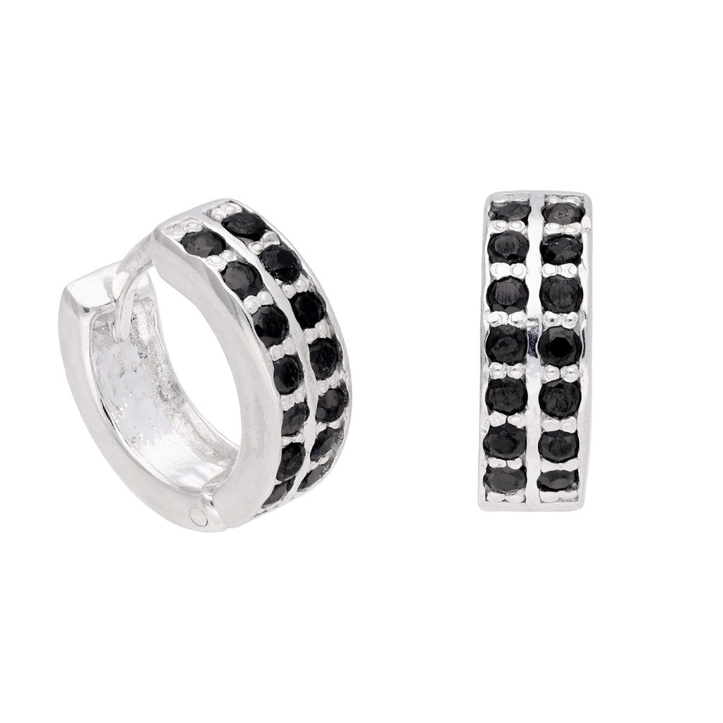 Sterlingsilber Schwarz CZ Doppel Kanal Fassung 12 mm Klappcreolen Ohrringe