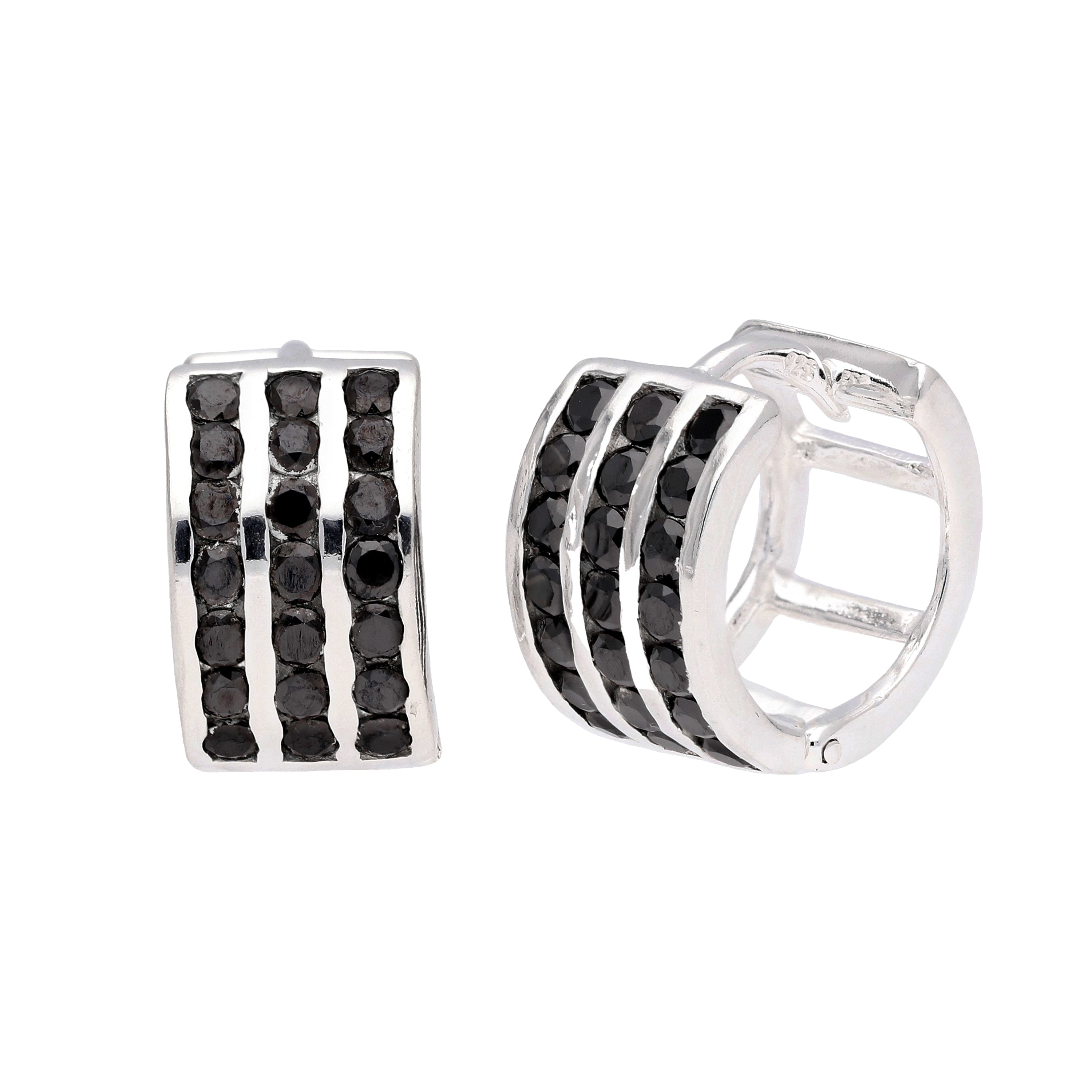 Sterlingsilber Schwarz CZ Dreifach Satz 13 mm Klappcreolen Ohrringe