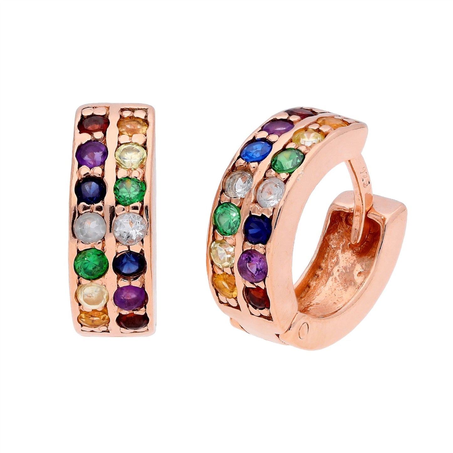 Rose Gold Plated Sterling Silver Rainbow CZ 13mm Huggie Earrings