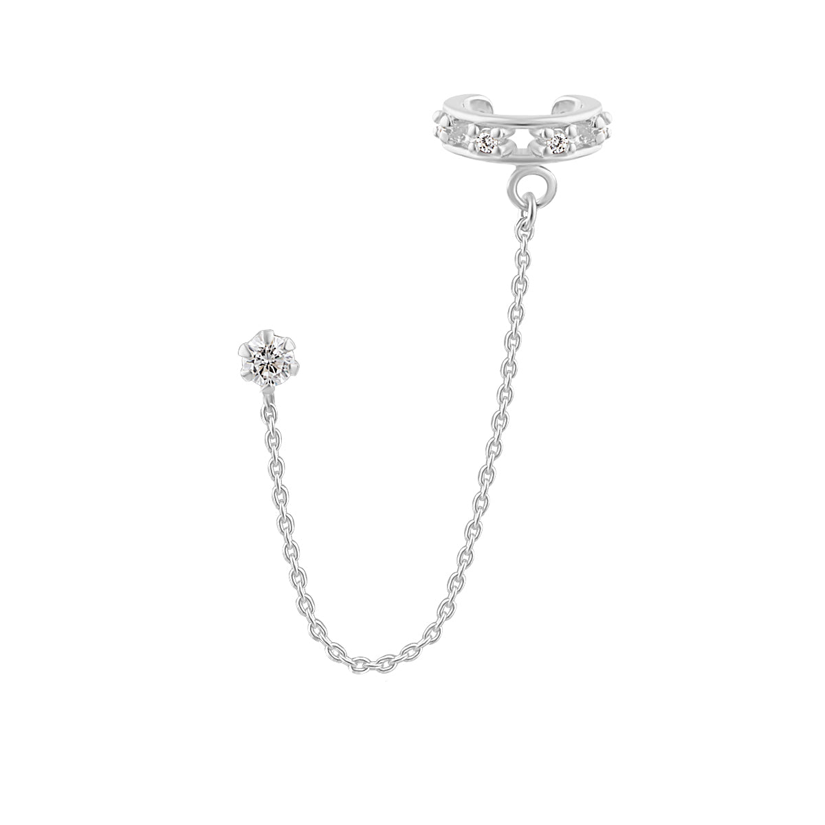 Sterling Silver Chain CZ Ear Cuff Stud Earring