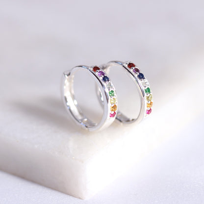 Sterlingsilber Regenbogen CZ Pavé Fassung 15mm Klappcreolen Ohrringe