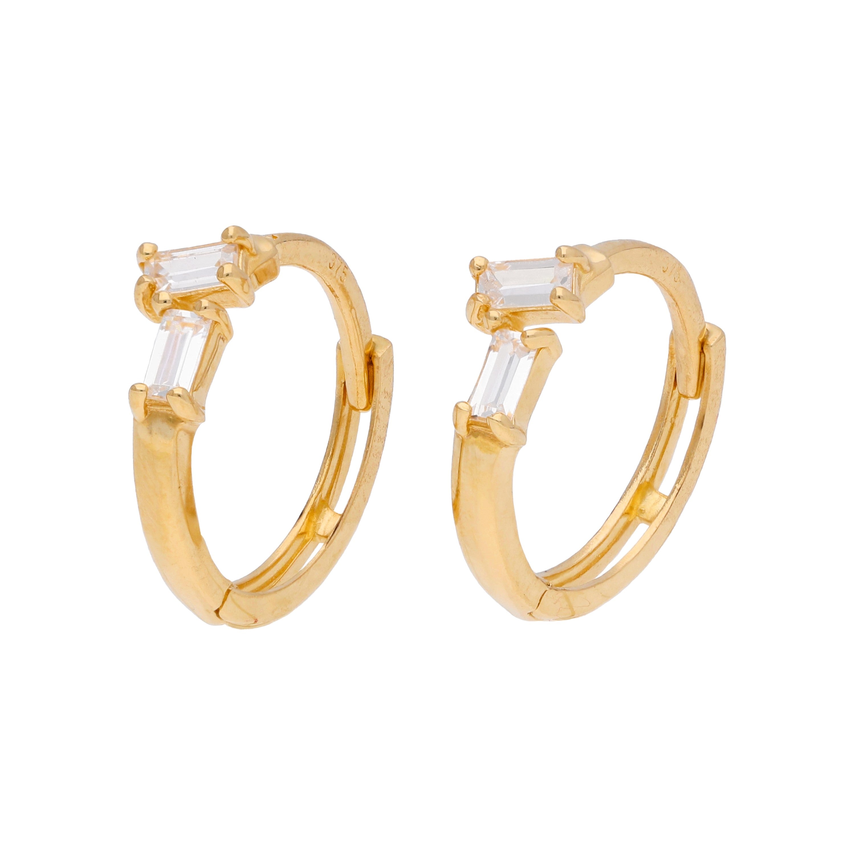 9 Karat Gold Doppel Versetzt Baguette Fassung CZ 12 mm Klappcreolen Ohrringe