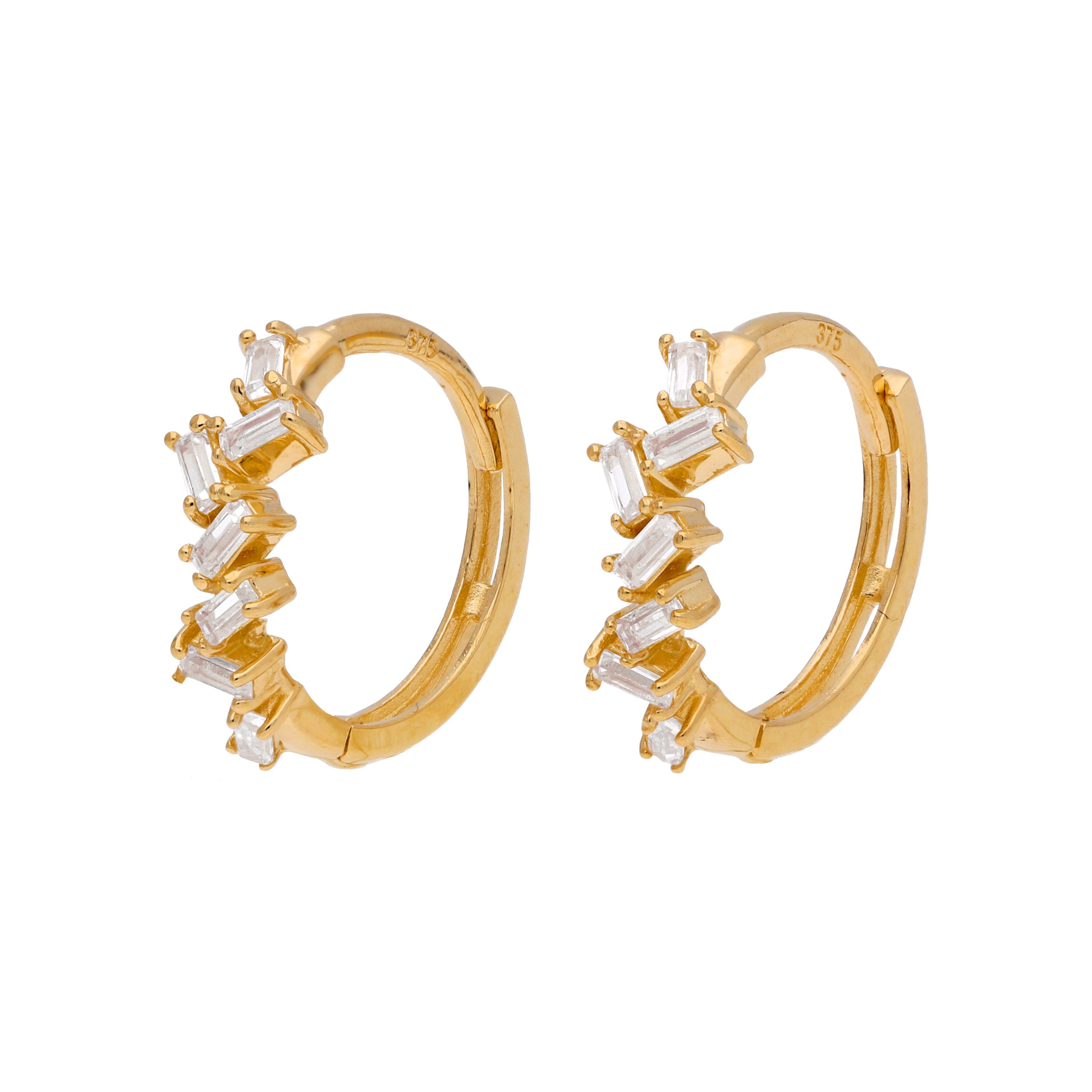9 Karat Gold Baguette Schliff Krallen Fassung CZ 12 mm Klappcreolen Ohrringe