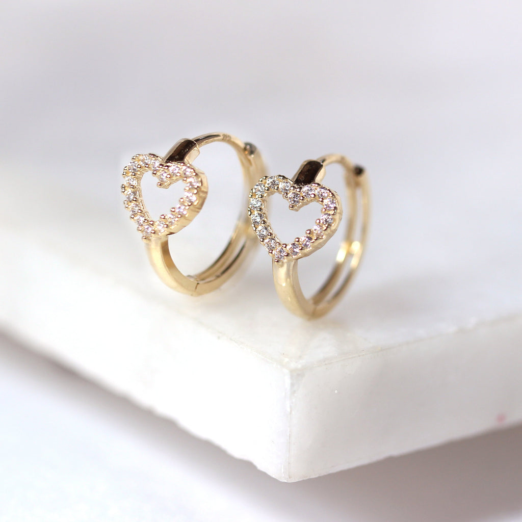 9 Karat Gold CZ Verkrustet Offen Herz 14 mm Klappcreolen Ohrringe