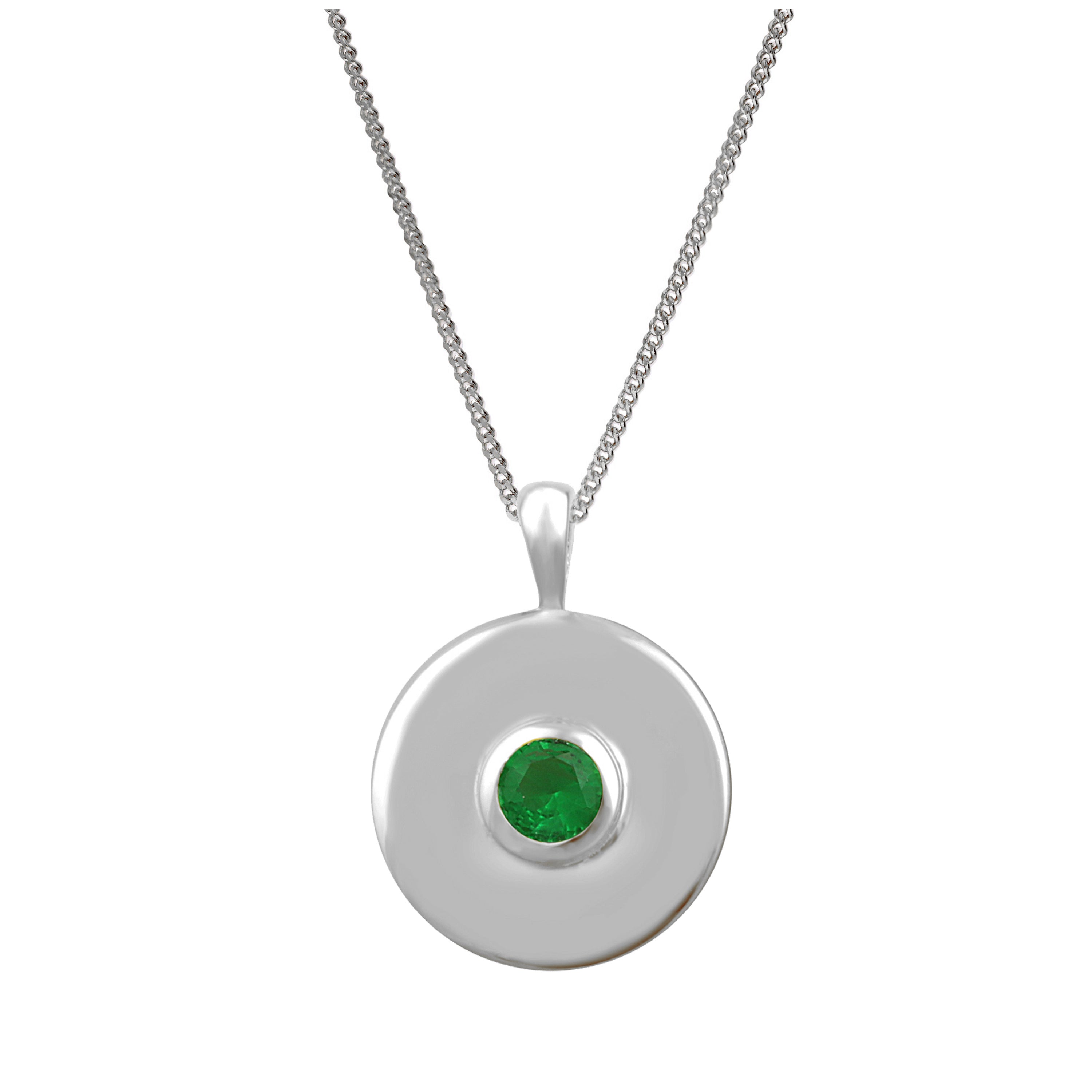 Halskette aus Sterlingsilber mit glattem Medaillon mit Smaragd-CZ, 14–32 Zoll