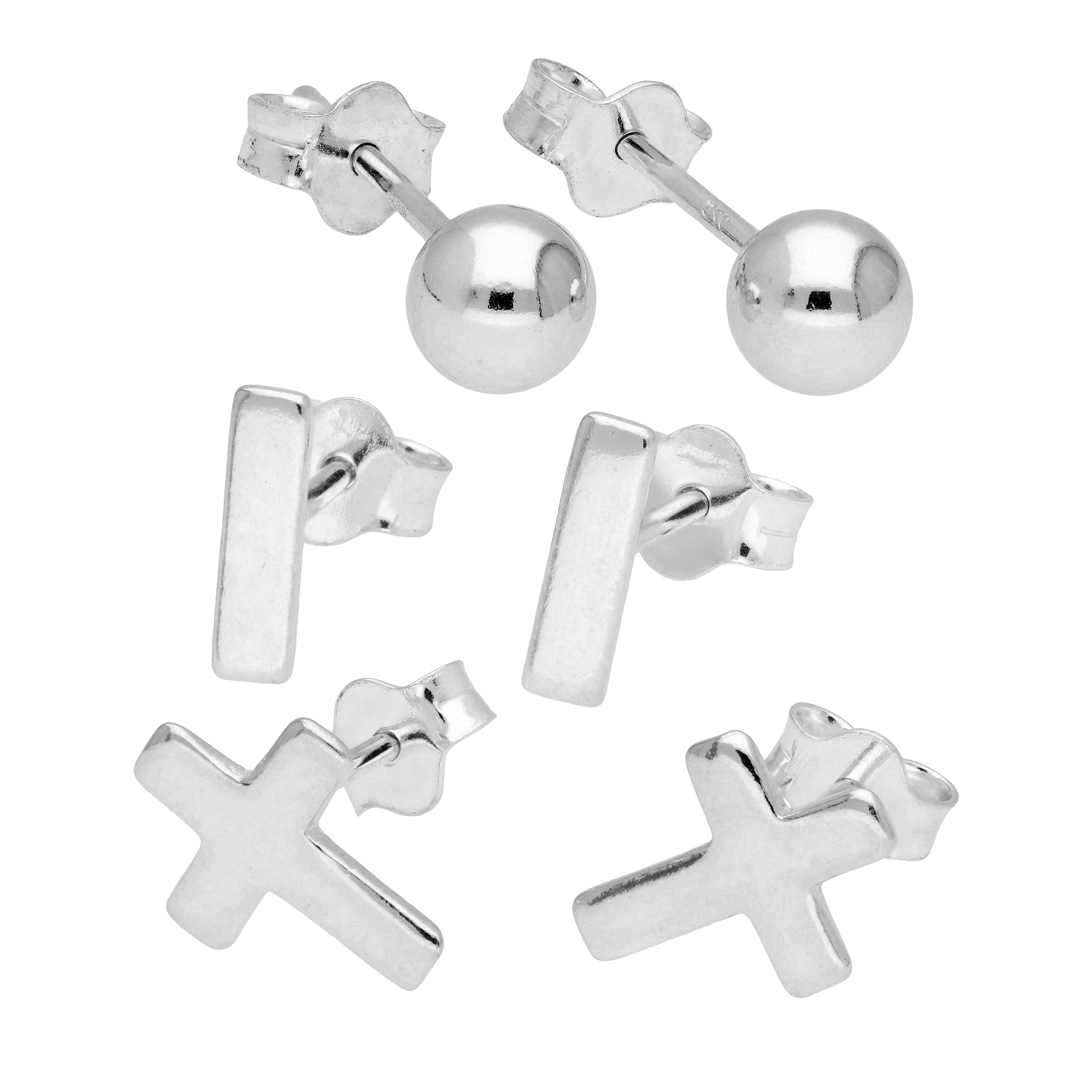 Sterlingsilber Kreuz Stab Kugel Misch Ohrstecker 3er Satz