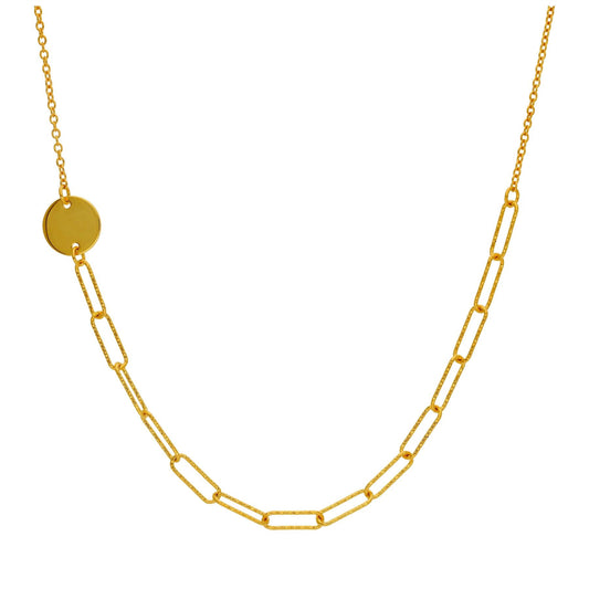 Gold Plated Sterling Silver Engravable Disc Hammered Long Link Necklace