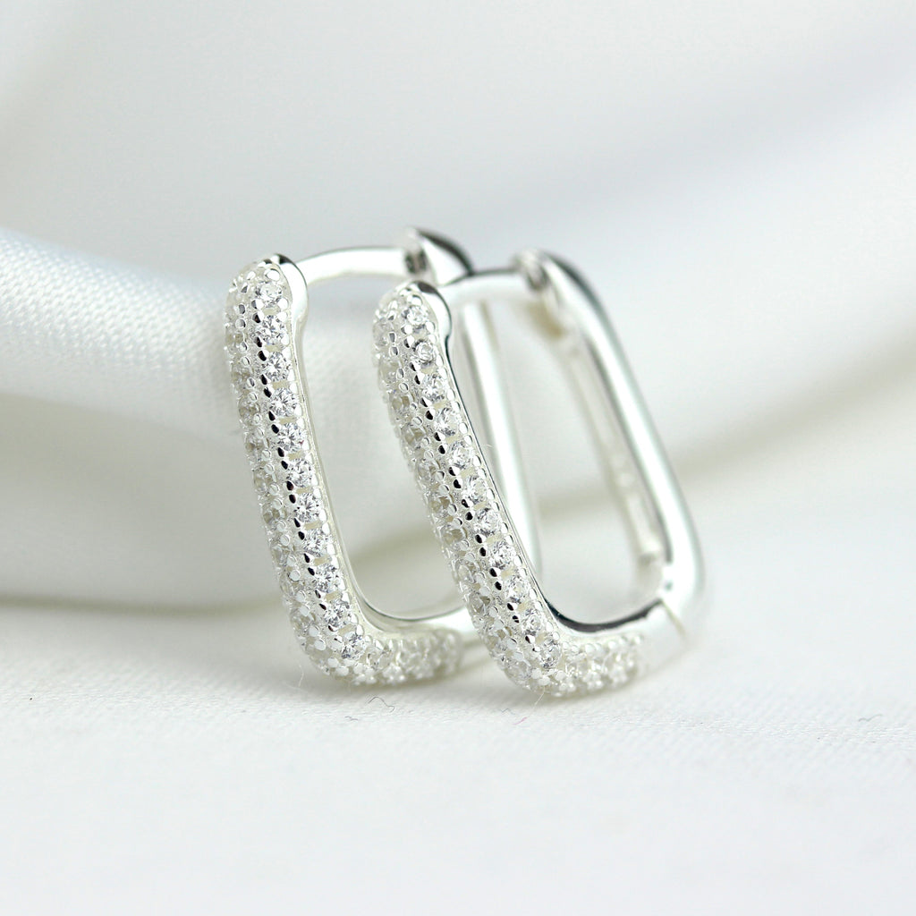 Sterlingsilber Eiförmig CZ Pavé Fassung 15 mm Klappcreolen Ohrringe