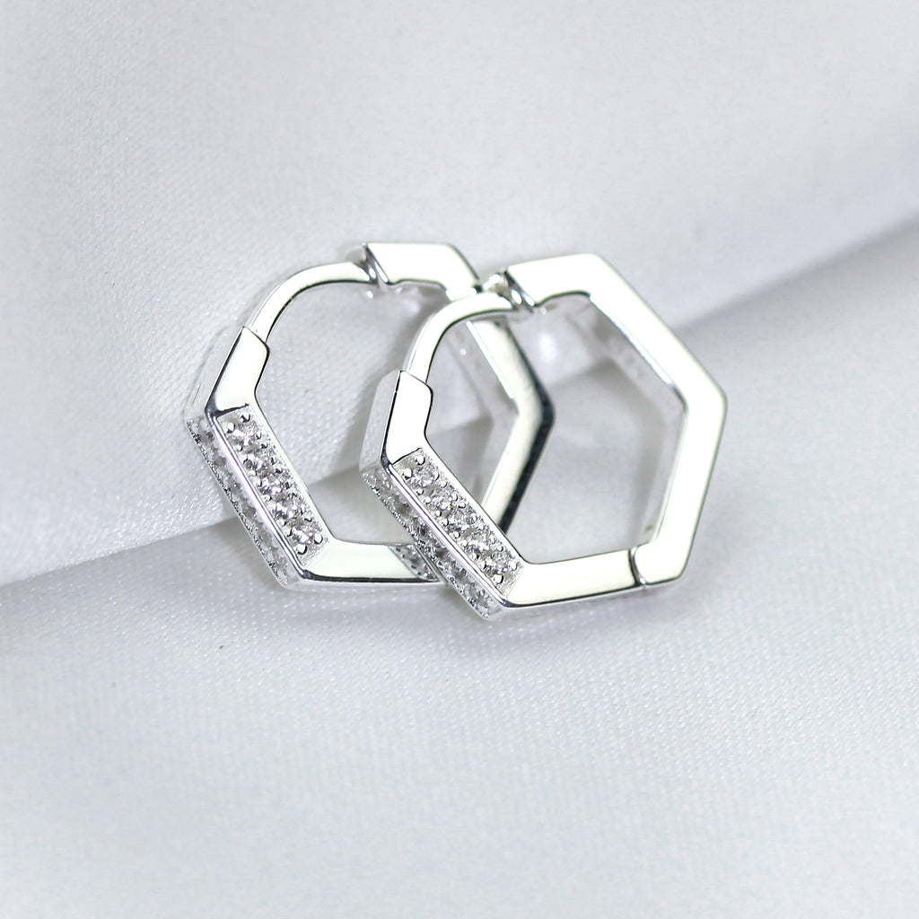 Sterlingsilber CZ Verkrustet 14 mm Fünfeckig Klappcreolen Ohrringe