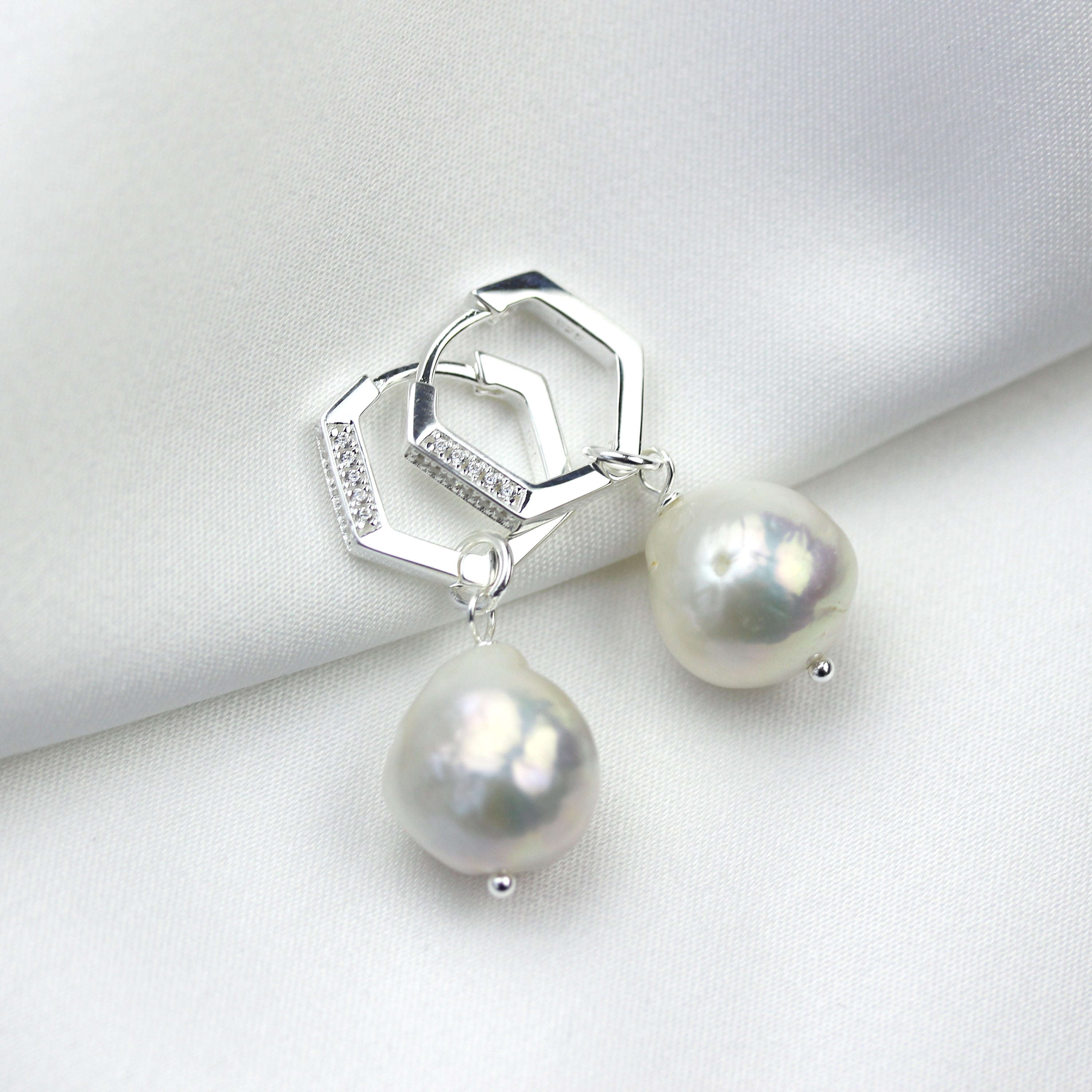Sterlingsilber Perle CZ Anhänger 14 mm Fünffeckig Creolen Ohrringe