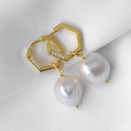 Vergoldet Sterlingsilber Süßwasserperle CZ 14mm Creolen Ohrringe